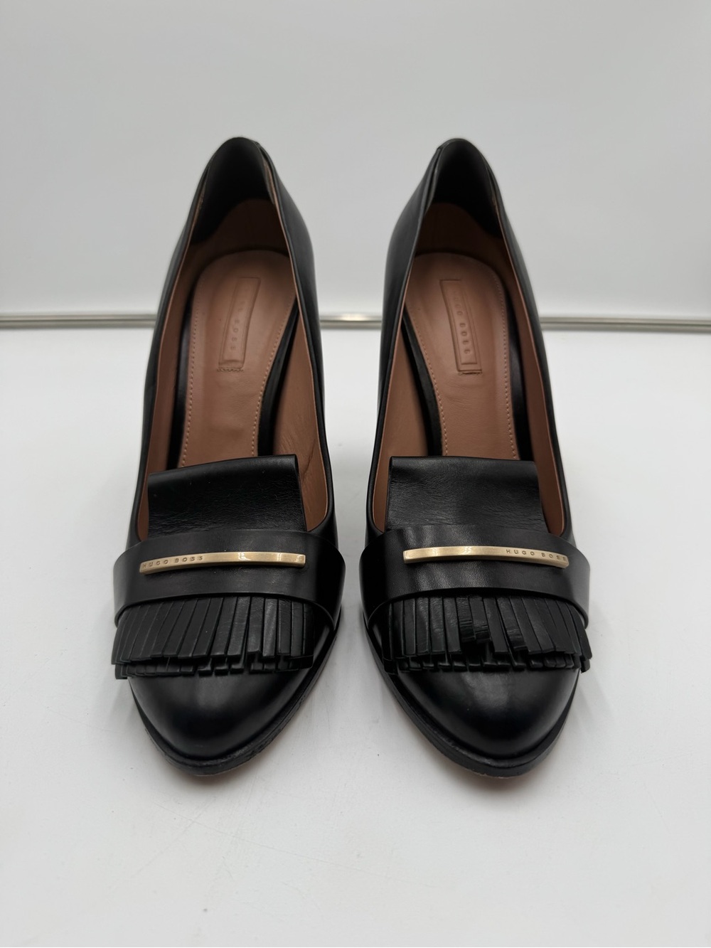 Hugo Boss Black Leather Fringe Pumps Block Heel Loafers Womens EU 41 US 10